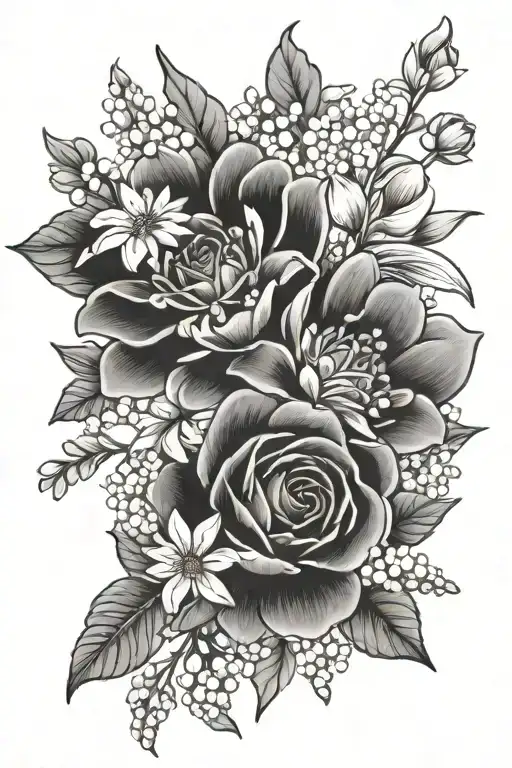 Daisy, Hawthorn, Lily of the Valley, Rose tattoo design idea