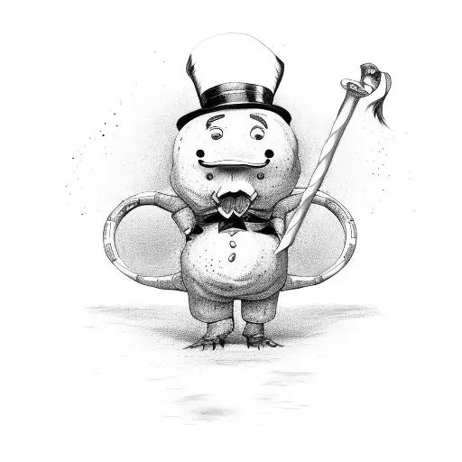 bagel with face, arms and legs, wearing a top hat and walking stick tattoo design idea