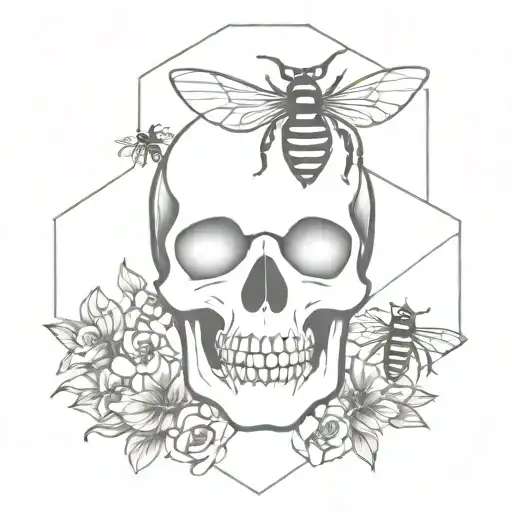 skull and bees with honeycomb pattern tattoo design idea