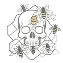 skull and bees with honeycomb pattern tattoo design idea