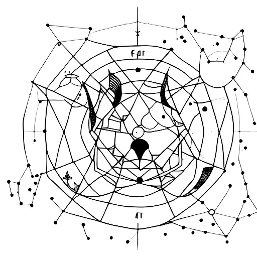 A constellation of cancer zodiac sign formed by cat and hummingbird silhouettes under a full moon tattoo design idea