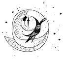 A cat and a hummingbird sitting on a crescent moon with cancer constellation in the background tattoo design idea