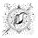 A cat and a hummingbird sitting on a crescent moon with cancer constellation in the background tattoo design idea