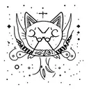 A cat and a hummingbird sitting on a crescent moon with cancer constellation in the background tattoo design idea