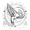 A cat and a hummingbird sitting on a crescent moon with cancer constellation in the background tattoo design idea