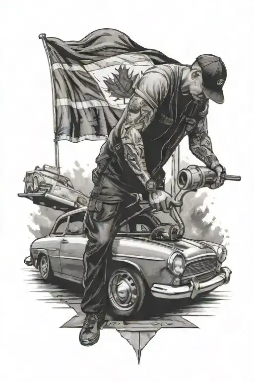 Mechanic working on a car with a backdrop of the Canadian flag tattoo design idea