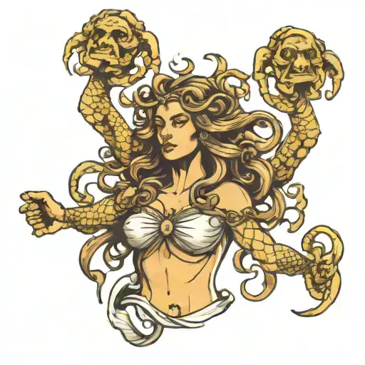 female Medusa holding Poseidon head tattoo design idea