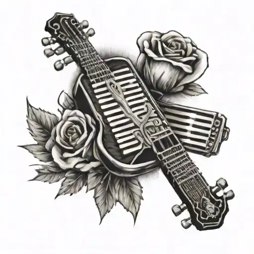 a Cross with an accordion on one side and a rose on the either and the silhouette of Croatia behind tattoo design idea