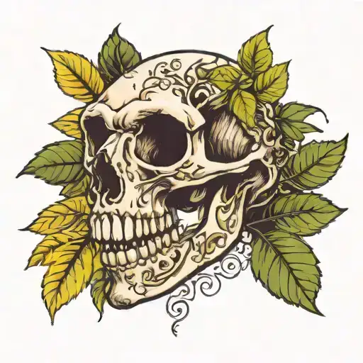 trex skull with foliage and and trees tattoo design idea