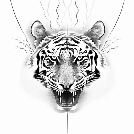 A sleek black and grey tattoo of a tiger leaping over a lightning bolt tattoo design idea