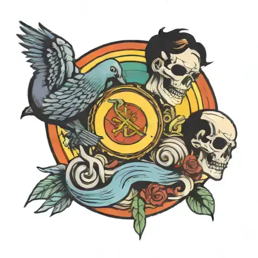double dead god and pigeon boy on a rainbow  tattoo design idea