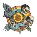 double dead god and pigeon boy on a rainbow  tattoo design idea