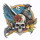 double dead god and pigeon boy on a rainbow  tattoo design idea