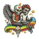 double dead god and pigeon boy on a rainbow  tattoo design idea