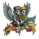 double dead god and pigeon boy on a rainbow  tattoo design idea