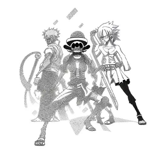 Combine the characters from One Piece and Naruto in an epic battle scene tattoo design idea