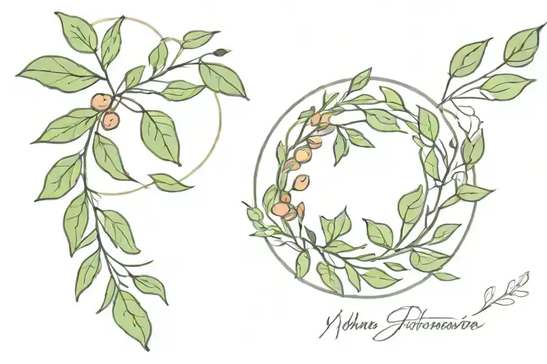 olive branch and fig leaf wreath wrapped round tattoo design idea