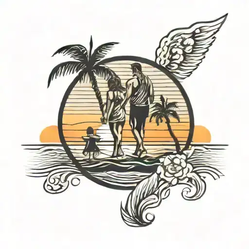 Beach sunset with family holding hands tattoo design idea
