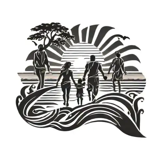 Beach sunset with family holding hands tattoo design idea