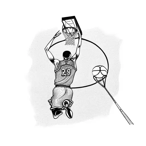 A basketball player dunking the ball in front of the iconic Dubai skyline tattoo design idea