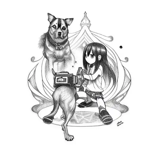 A blackwork tattoo of Kirito and a dog exploring a dark and mysterious video game dungeon tattoo design idea