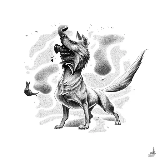 A surreal scene of Kirito and a dog battling mythical creatures in a video game world tattoo design idea