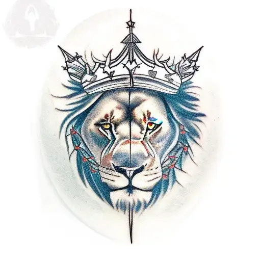A traditional tattoo of a lion wearing a crown of thorns, representing strength and sacrifice in theology tattoo design idea