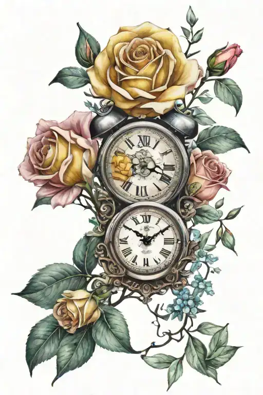 a yellow rose, pink carnation, and teal jasmines surrounded by olive branches and a clock showing 10:17 on top tattoo design idea