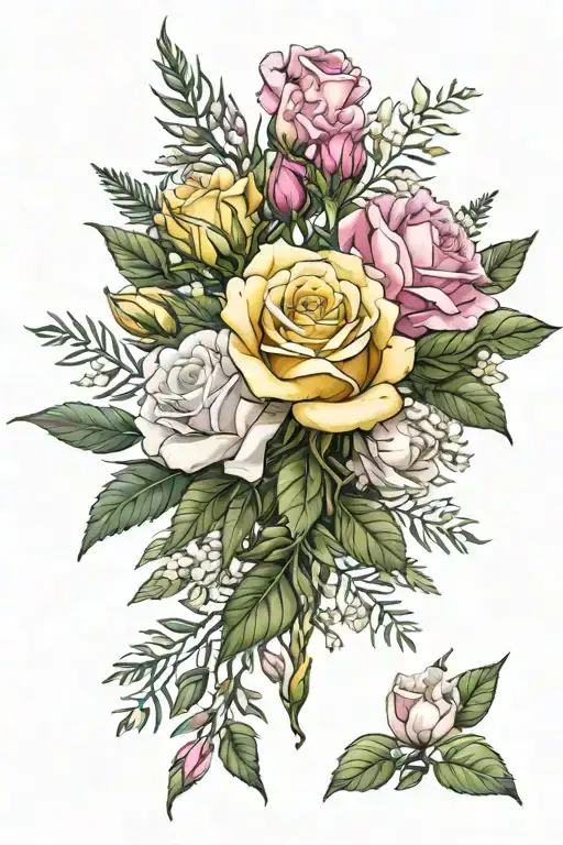 a yellow rose, pink carnation, and white jasmines surrounded by olive branches  tattoo design idea
