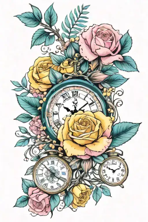 a yellow rose, pink carnation, and teal jasmines surrounded by olive branches and a clock showing 10:17 on top tattoo design idea