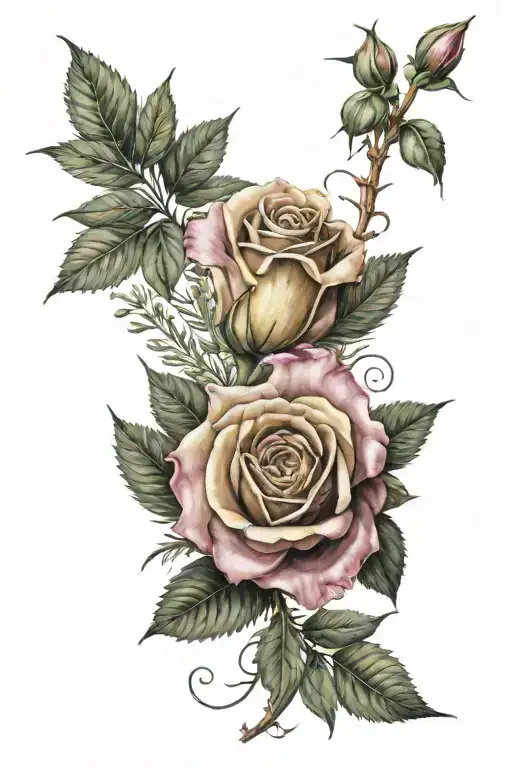 a yellow rose, pink carnation, and white jasmines surrounded by olive branches  tattoo design idea
