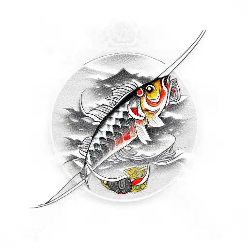 japanese carp with hannya mask, samurai sword and skulls tattoo design idea