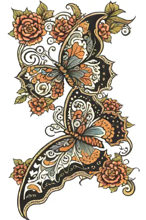 Butterfly made out of paisley and floral patterns tattoo design idea