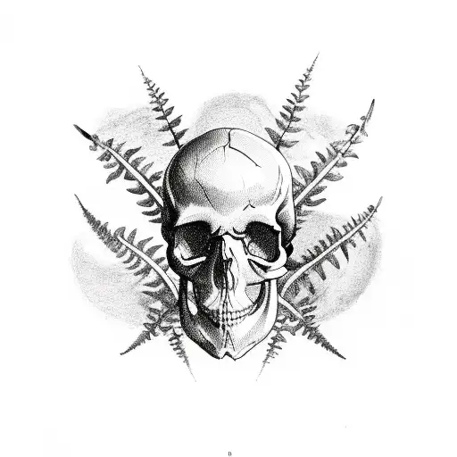 side view skull with fungi and fern grwoing from the skull tattoo design idea
