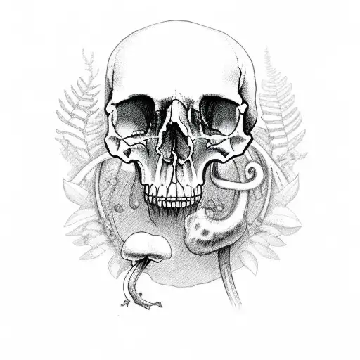 upper half skull with fungi and fern grwoing from the skull tattoo design idea