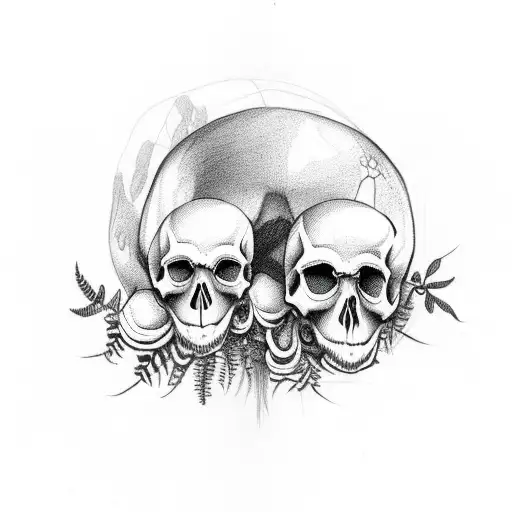 upper half skull with fungi and fern around it tattoo design idea