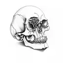 side view skull with fungi and fern grwoing from the skull tattoo design idea