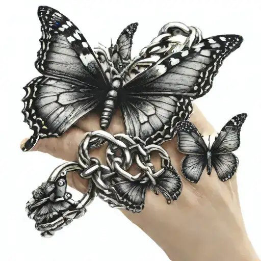 ring on middle finger connect by chain that disappear into butterfly's tattoo design idea