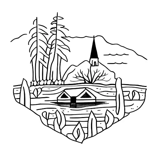 A minimalist tattoo of a serene Georgian Bay landscape with a small cottage in the background, reflecting your love for the outdoors and cottage life tattoo design idea