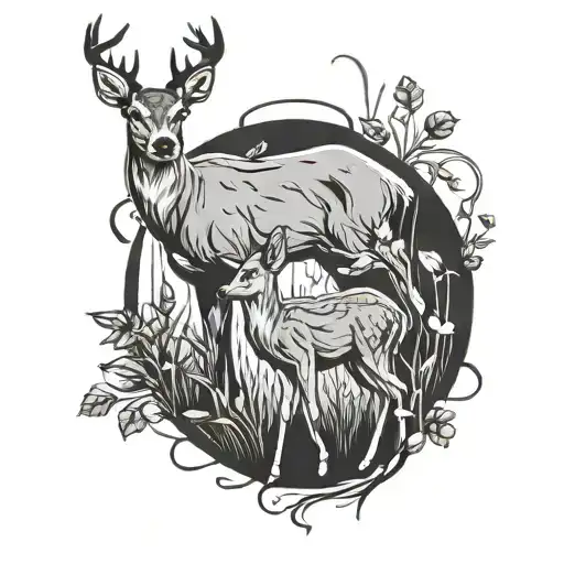 mom deer silhouette with baby deer tattoo design idea