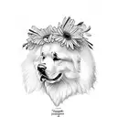 Full sleeve tattoo of Great Pyrenees, January birth flower, paw print, flowers tattoo design idea