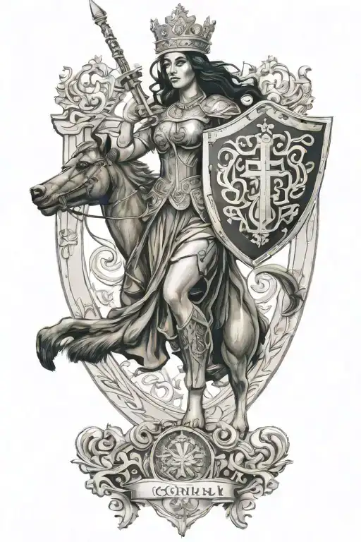 goddess galaida in full growth in one hand a sword in the other hand a shield in a helmet black hair in the back coat of arms of the city of gomel tattoo design idea