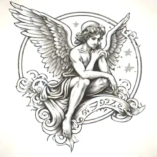 angel with wings holding stars with clouds shaded around it with the year 1972 below tattoo design idea