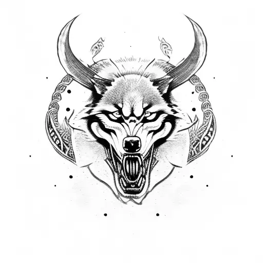 Viking skull with a wolf head emerging from its mouth tattoo design idea