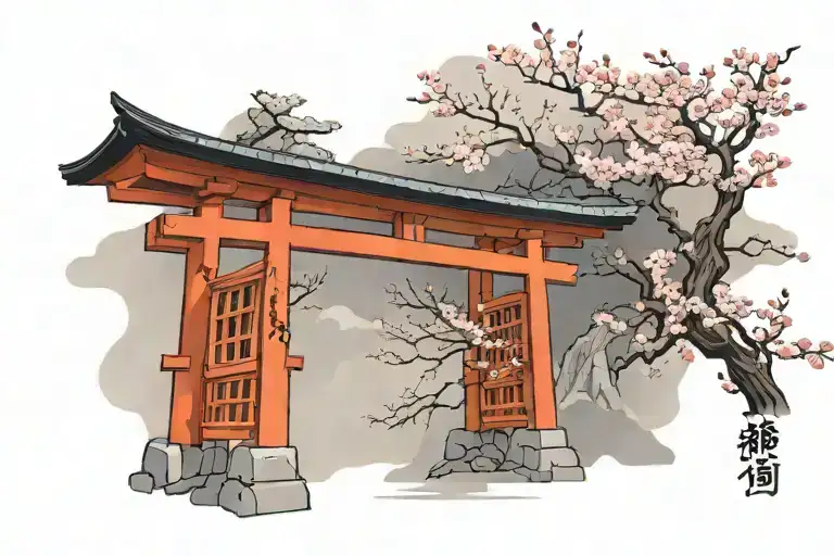 torii gate with cherry blossom tree tattoo design idea