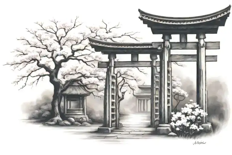torii gate with cherry blossom tree tattoo design idea