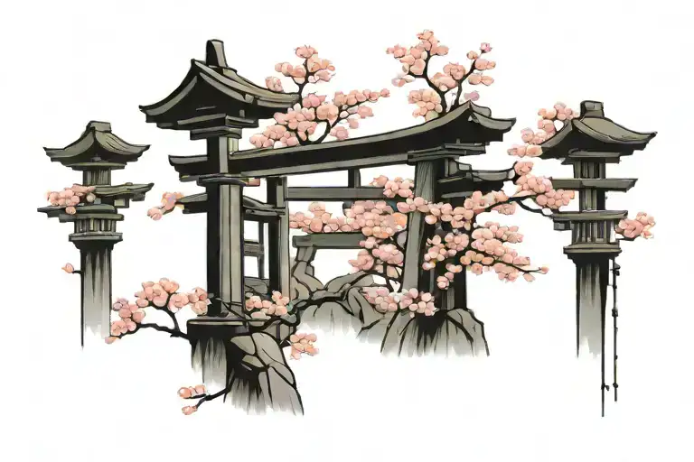 torii gate with cherry blossom tree tattoo design idea