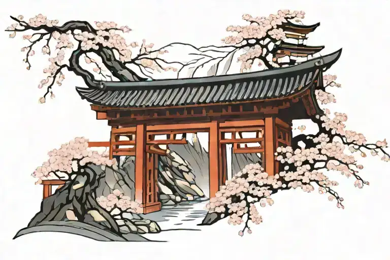 torri gate with cherry blossom tree tattoo design idea