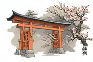 torii gate with cherry blossom tree tattoo design idea