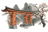 torii gate with cherry blossom tree tattoo design idea